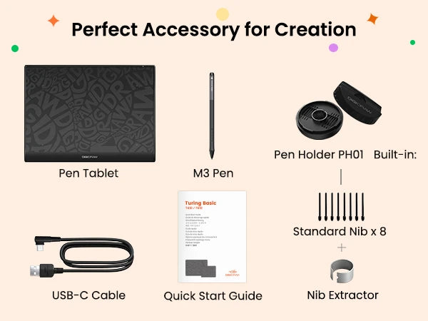 DIGIDRAW Turing Basic S T410 perfect accessory for creation, complete box contents include drawing tablet, Magic Pen, pen case, cleaning cloth, and USB cable