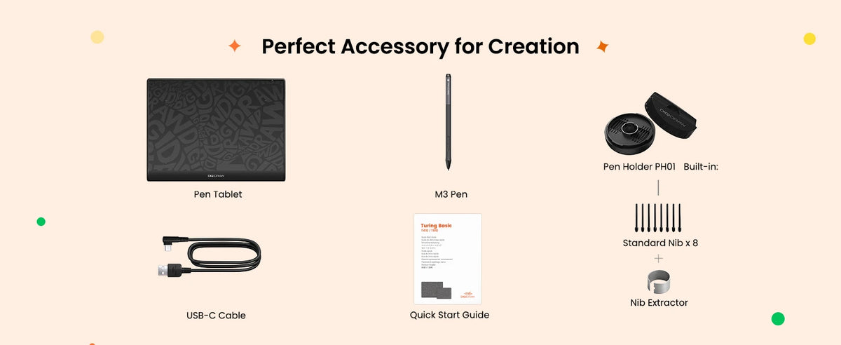 DIGIDRAW Turing Basic S T410 perfect accessory for creation, complete box contents include drawing tablet, Magic Pen, pen case, cleaning cloth, and USB cable