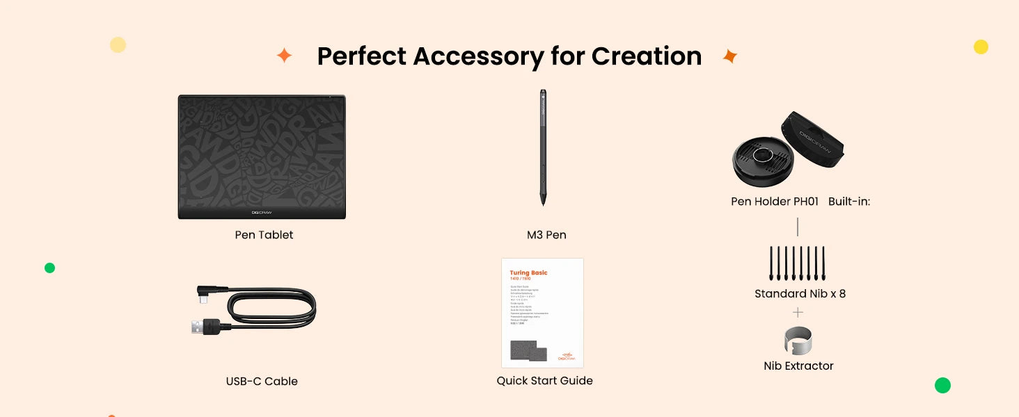 DIGIDRAW Turing Basic S T410 perfect accessory for creation, complete box contents include drawing tablet, Magic Pen, pen case, cleaning cloth, and USB cable