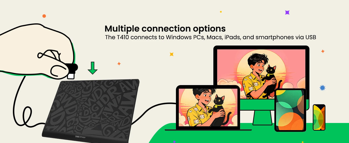 DIGIDRAW Turing Basic S T410 universal connection options via USB for Windows PC, macOS, and Linux devices