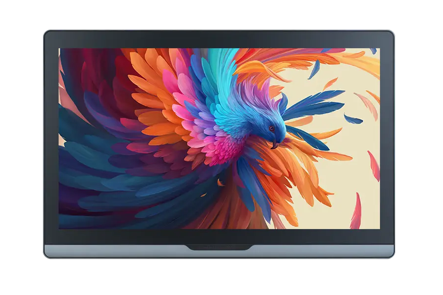 Isolated front hardware view of the DIGIDRAW Turing Pro 19 D1901T 18.4-inch 4K pen display, featuring a colorful flying bird illustration on the screen.