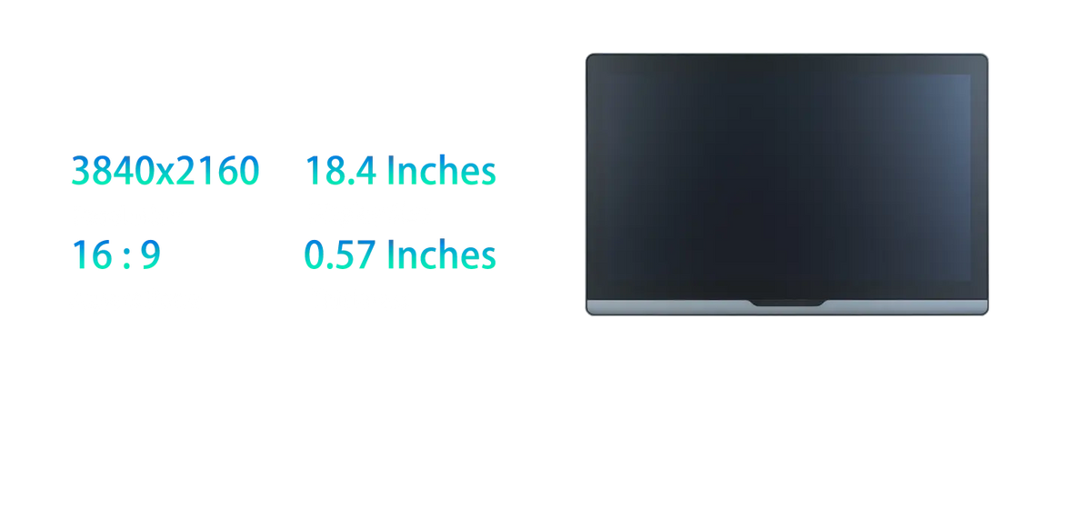 DIGIDRAW Turing Pro 19 D1901T 4K UHD display with 3840x2560 resolution, 18.4-inch screen size, 16:9 aspect rotio, and 0.57 inches ultra-slim profile