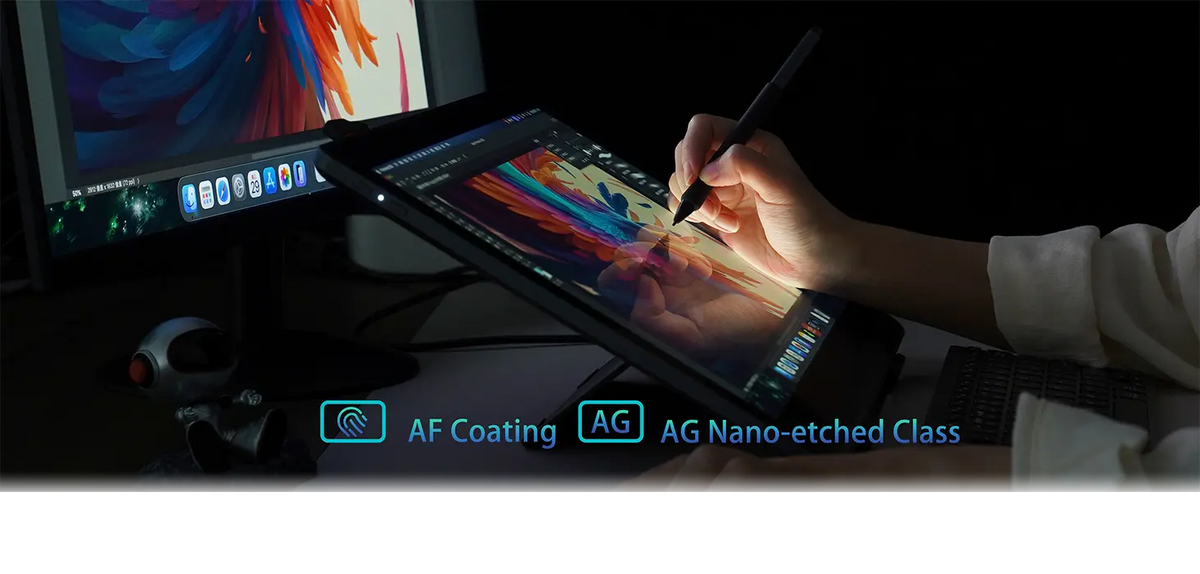 DIGIDRAW Turing Pro 19 D1901T used in a dimly lit workspace, demonstrating the AG nano-etched glass and AF coating that effectively eliminate parallax and glare for vivid colors under any lighting.