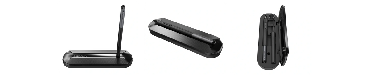DIGIDRAW Turing Pro 19 pen box showcasing its different usage forms: upright stand, closed storage, and open case layout.