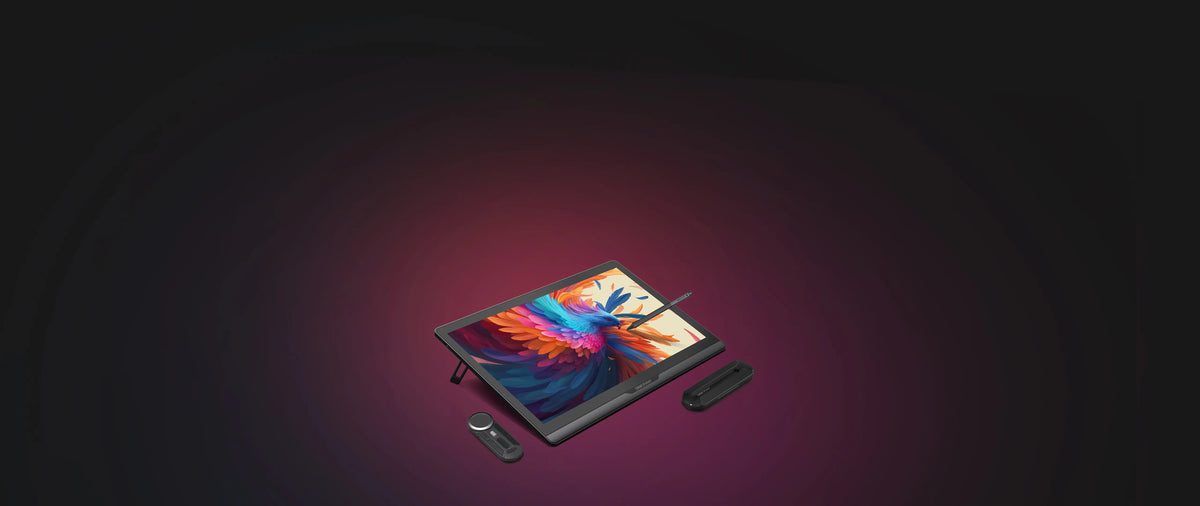 DIGIDRAW Turing Pro 19 professional drawing display featuring a vibrant bird artwork on screen with digital pen.