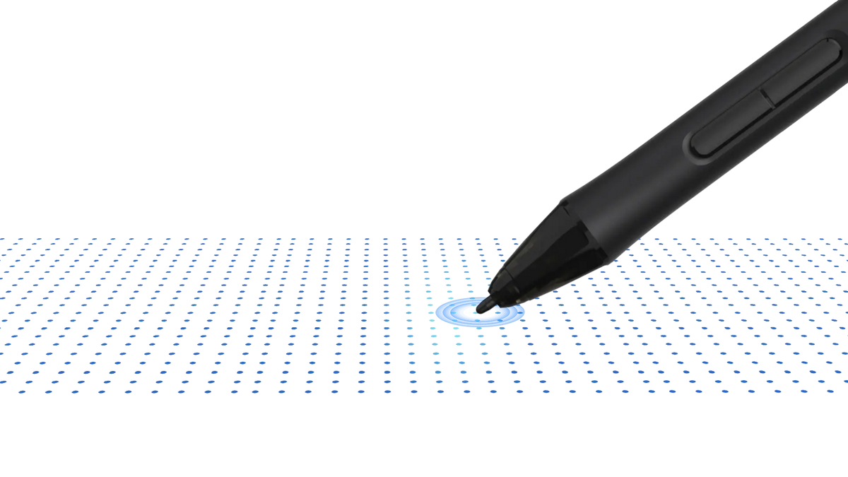 DIGIDRAW Turing Pro 19 stylus hovering over the pen sensor grid, illustrating high-precision electromagnetic resonance technology for accurate line tracking.