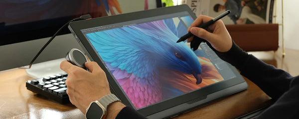 Professional using DIGIDRAW Turing Pro 19 touch screen drawing display with shortcut remote controller and stylus, demonstrating 4K color-accurate drawing.