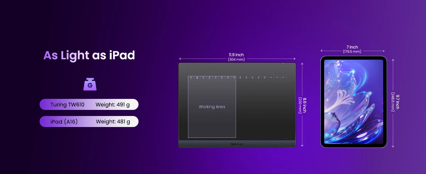 DIGIDRAW Turing Smart M TW610 medium 11.9-inch drawing tablet weighing 491g, as light and portable as an iPad for professional workspace setups.