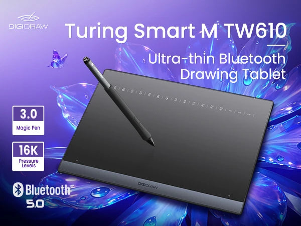 DIGIDRAW Turing Smart M TW610 medium-sized ultra-thin Bluetooth 5.0 wireless drawing tablet with Magic Pen 3.0 and 16K pressure levels.