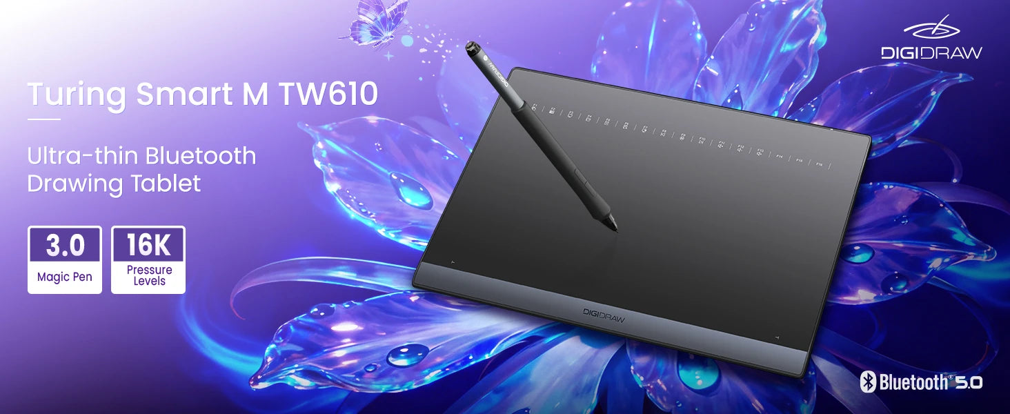 DIGIDRAW Turing Smart M TW610 medium-sized ultra-thin Bluetooth 5.0 wireless drawing tablet with Magic Pen 3.0 and 16K pressure levels.