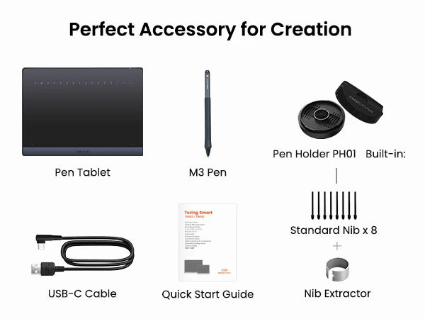 DIGIDRAW Turing Smart M TW610 complete package includes the pen tablet, M3 stylus, USB-C cable, quick start guide, pen holder, 8 standard nibs, and nib extractor.