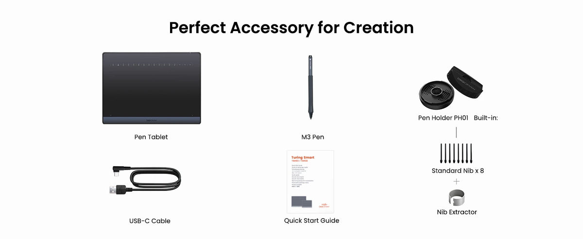 DIGIDRAW Turing Smart M TW610 complete package includes the pen tablet, M3 stylus, USB-C cable, quick start guide, pen holder, 8 standard nibs, and nib extractor.