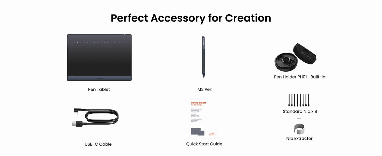 DIGIDRAW Turing Smart M TW610 complete package includes the pen tablet, M3 stylus, USB-C cable, quick start guide, pen holder, 8 standard nibs, and nib extractor.