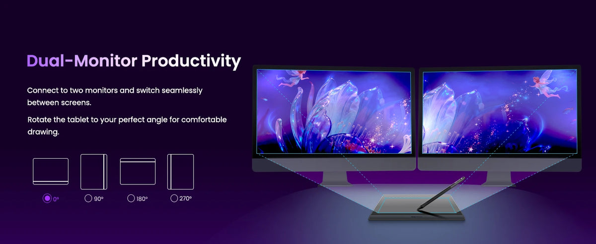 DIGIDRAW Turing Smart M TW610 dual-monitor productivity setup enabling seamless screen switching and 0-270 degree tablet rotation for professional multi-screen workflows.