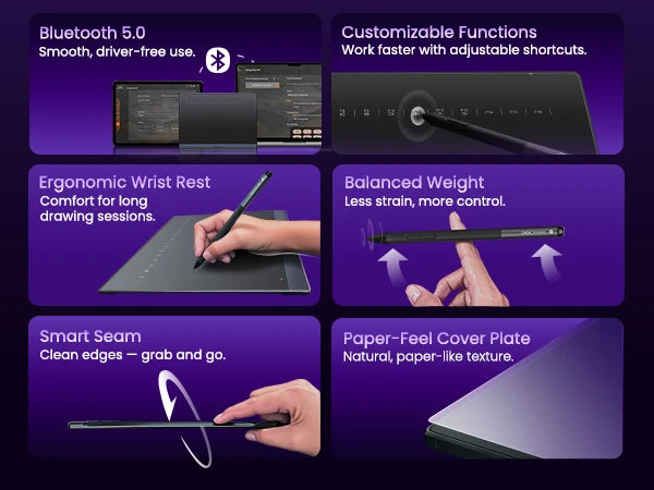 DIGIDRAW Turing Smart M TW610 ergonomic design features including wrist rest, balanced weight, Bluetooth 5.0, smart seam, paper-feel cover, and customizable shortcut functions.