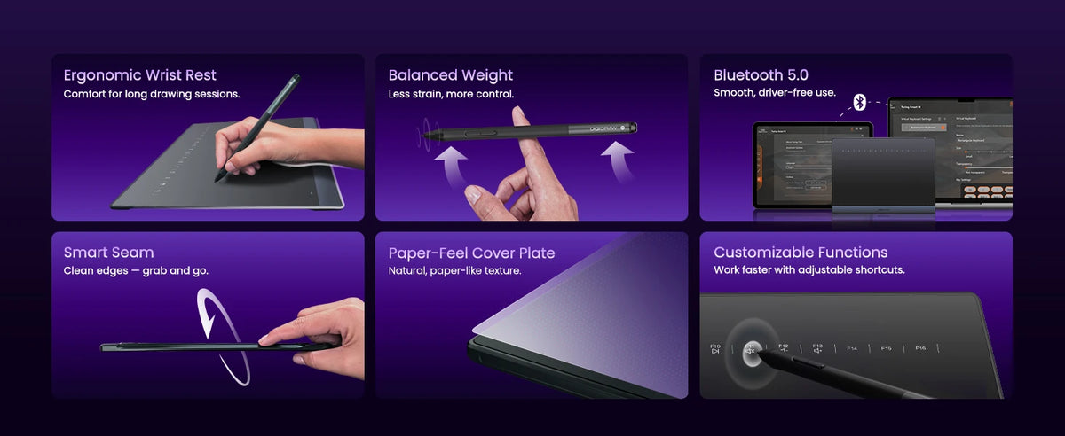 DIGIDRAW Turing Smart M TW610 ergonomic design features including wrist rest, balanced weight, Bluetooth 5.0, smart seam, paper-feel cover, and customizable shortcut functions.