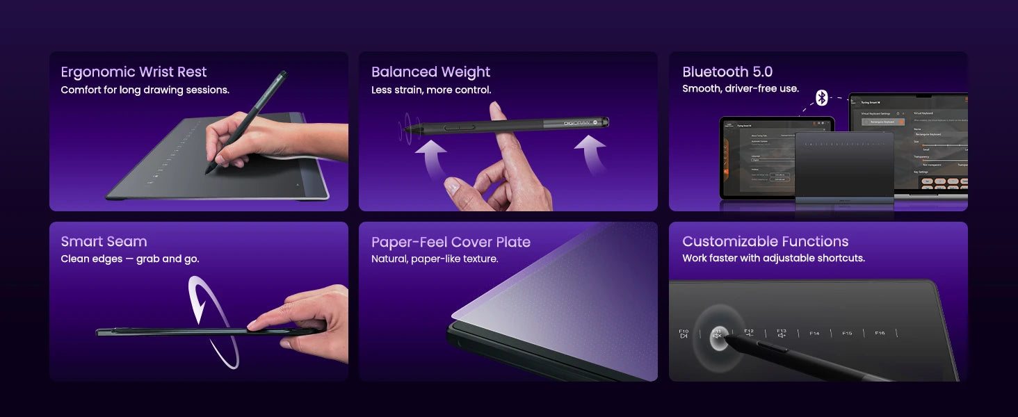 DIGIDRAW Turing Smart M TW610 ergonomic design features including wrist rest, balanced weight, Bluetooth 5.0, smart seam, paper-feel cover, and customizable shortcut functions.