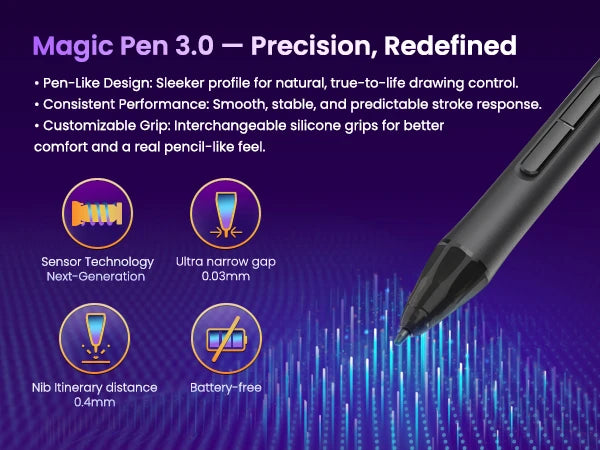 DIGIDRAW Turing Smart M TW610 Magic Pen 3.0 battery-free stylus featuring next-generation sensor technology, 0.03mm ultra-narrow gap, and 0.4mm nib itinerary distance.