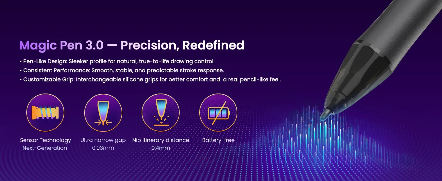 DIGIDRAW Turing Smart M TW610 Magic Pen 3.0 battery-free stylus featuring next-generation sensor technology, 0.03mm ultra-narrow gap, and 0.4mm nib itinerary distance.