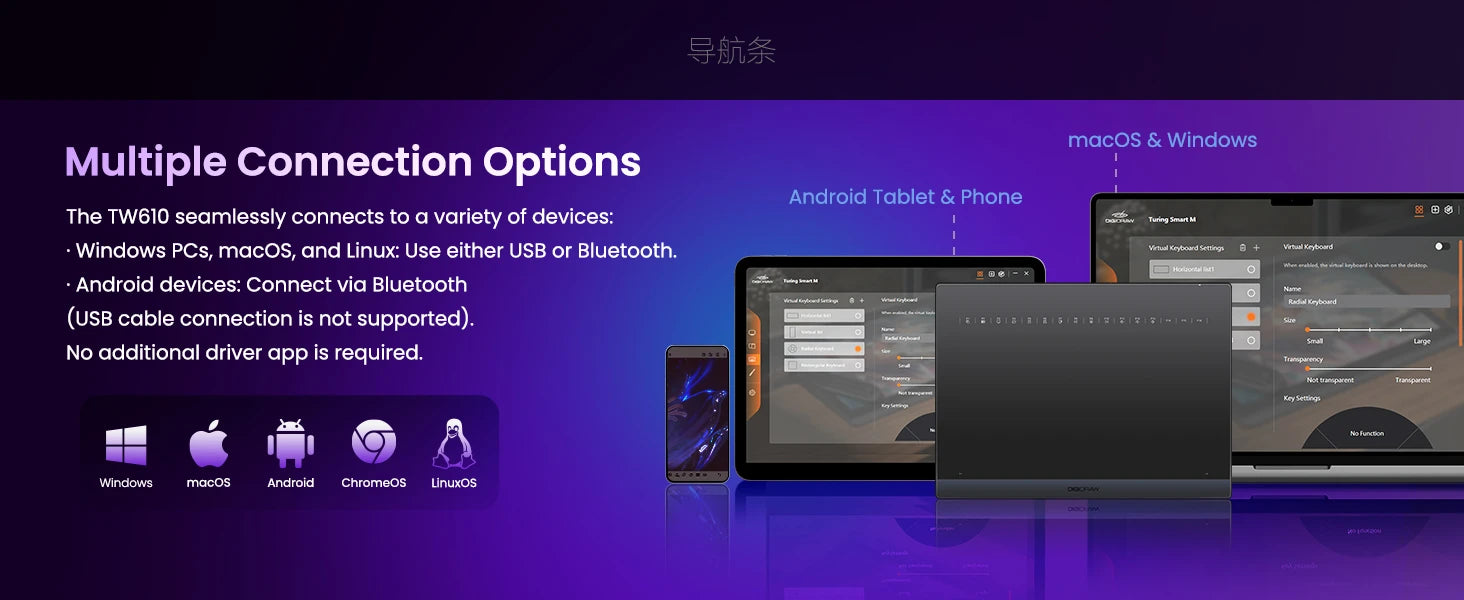 DIGIDRAW Turing Smart M TW610 multi-platform connection guide for Windows PCs, macOS, Linux, Android tablets, and phones via USB or Bluetooth.
