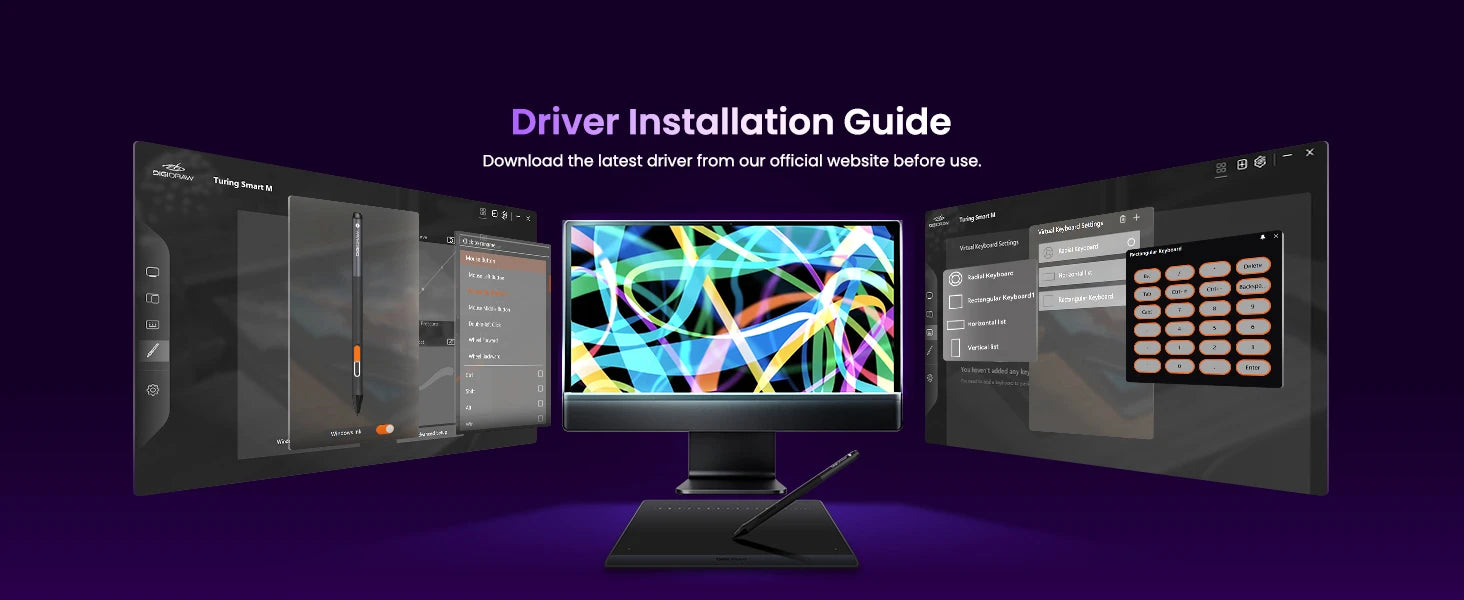 DIGIDRAW Turing Smart M TW610 official driver installation guide showing how to download and set up the tablet on Windows and macOS operating systems.
