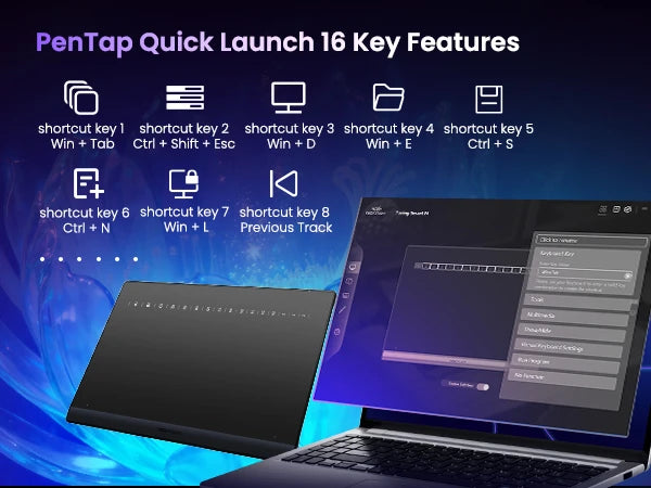 DIGIDRAW Turing Smart M TW610 PenTap quick launch system with 16 customizable shortcut keys for multimedia controls and hotkey commands.