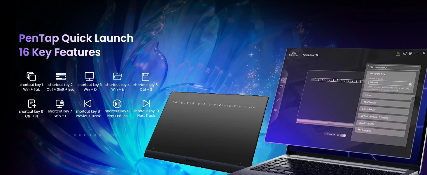 DIGIDRAW Turing Smart M TW610 PenTap quick launch system with 16 customizable shortcut keys for multimedia controls and hotkey commands.
