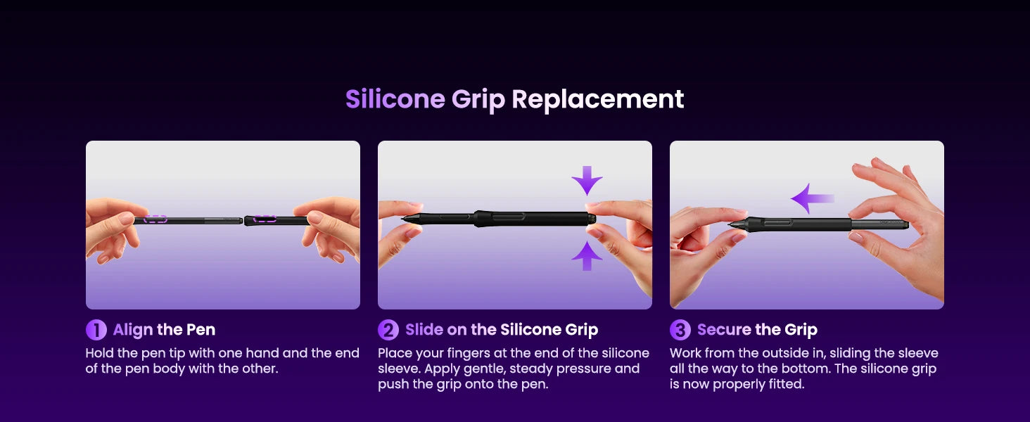 DIGIDRAW Turing Smart M TW610 silicone grip replacement tutorial: align the pen, slide on the silicone sleeve, and secure the grip for comfortable use.