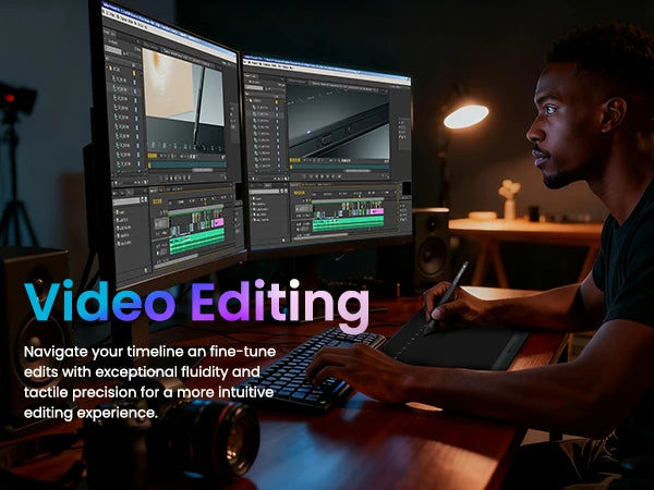 DIGIDRAW Turing Smart M TW610 suitable for video editing tasks on dual monitors, providing tactile precision for navigating timelines and fine-tuning clips.