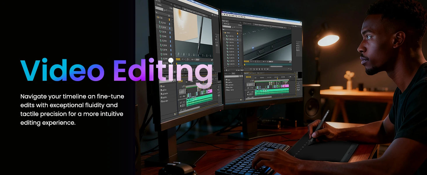 DIGIDRAW Turing Smart M TW610 suitable for video editing tasks on dual monitors, providing tactile precision for navigating timelines and fine-tuning clips.