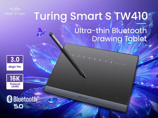 DIGIDRAW Turing Smart S TW410 ultra-thin Bluetooth wireless drawing tablet with Magic Pen 3.0 and 16K pressure levels for beginners