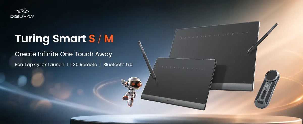 DIGIDRAW Turing Smart S and Turing Smart M wireless drawing tablet series featuring Pen Tap Quick Launch, K30 Remote support, and Bluetooth 5.0 connectivity.