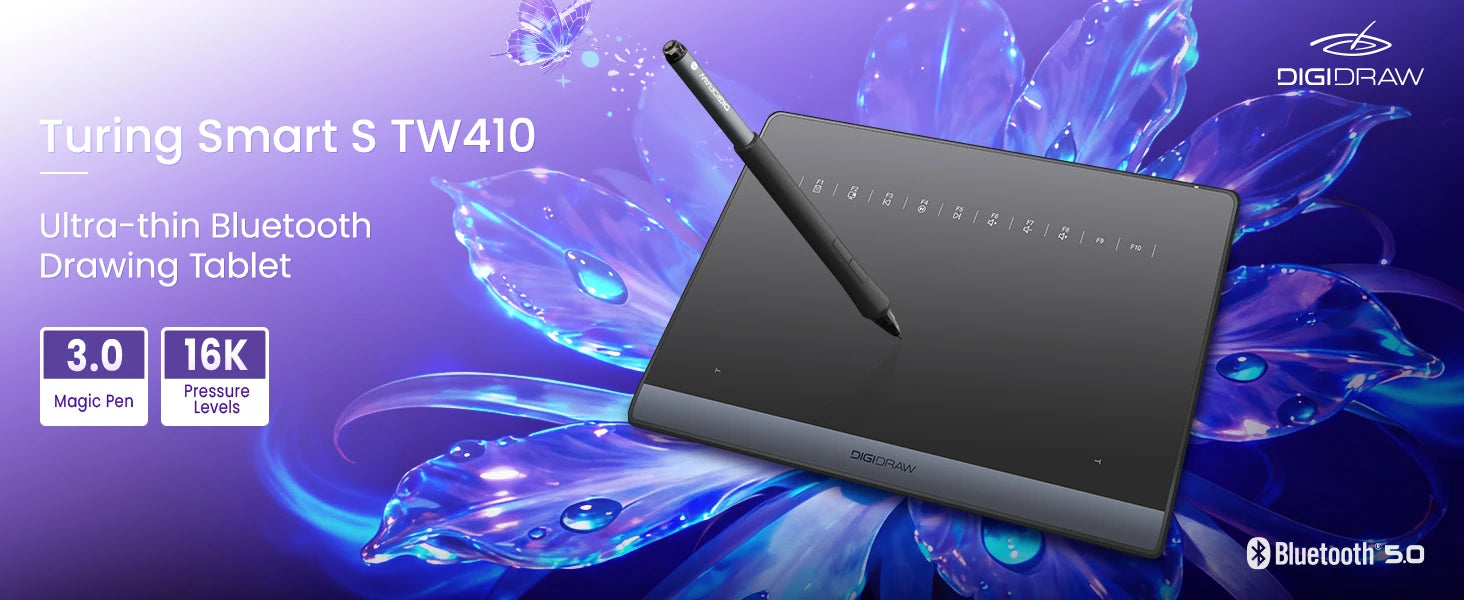 DIGIDRAW Turing Smart S TW410 ultra-thin Bluetooth wireless drawing tablet with Magic Pen 3.0 and 16K pressure levels for beginners