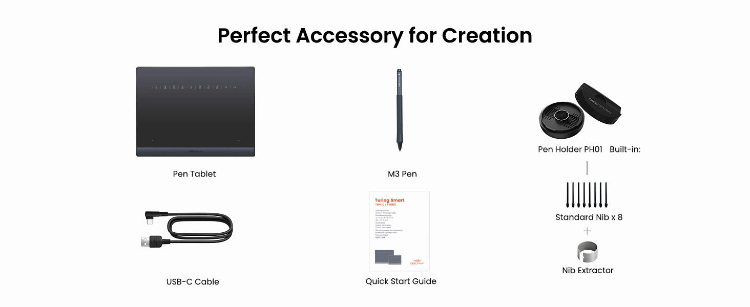 DIGIDRAW Turing Smart S TW410 complete package contents include pen tablet, M3 stylus, USB-C cable, quick start guide, pen holder, 8 standard nibs, and nib extractor