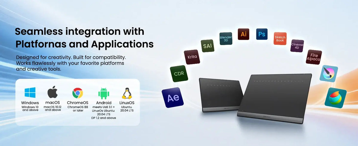 DIGIDRAW Turing Smart S TW410 seamless integration with platforms like Windows, macOS, Android, ChromeOS, and Linux, and fully supports creative apps like Photoshop and Blender.