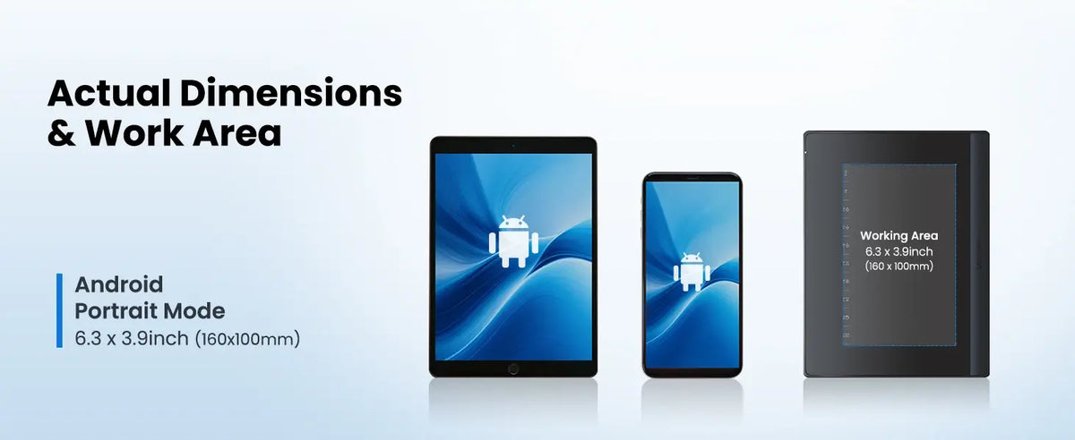 DIGIDRAW Turing Smart S TW410 actual dimensions and work area showing a 6.3 x 3.9 inch working area, perfectly sized for Android portrait mode and mobile use.