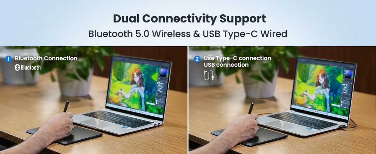 DIGIDRAW Turing Smart S TW410 dual connectivity support including Bluetooth 5.0 wireless and USB Type-C wired connection for versatile device pairing.
