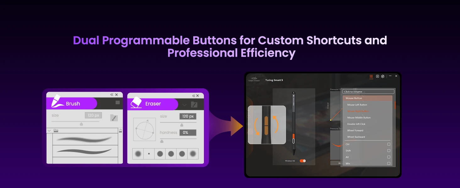 DIGIDRAW Turing Smart S TW410 driver software showing dual programmable buttons for custom shortcuts, allowing quick brush and eraser switching