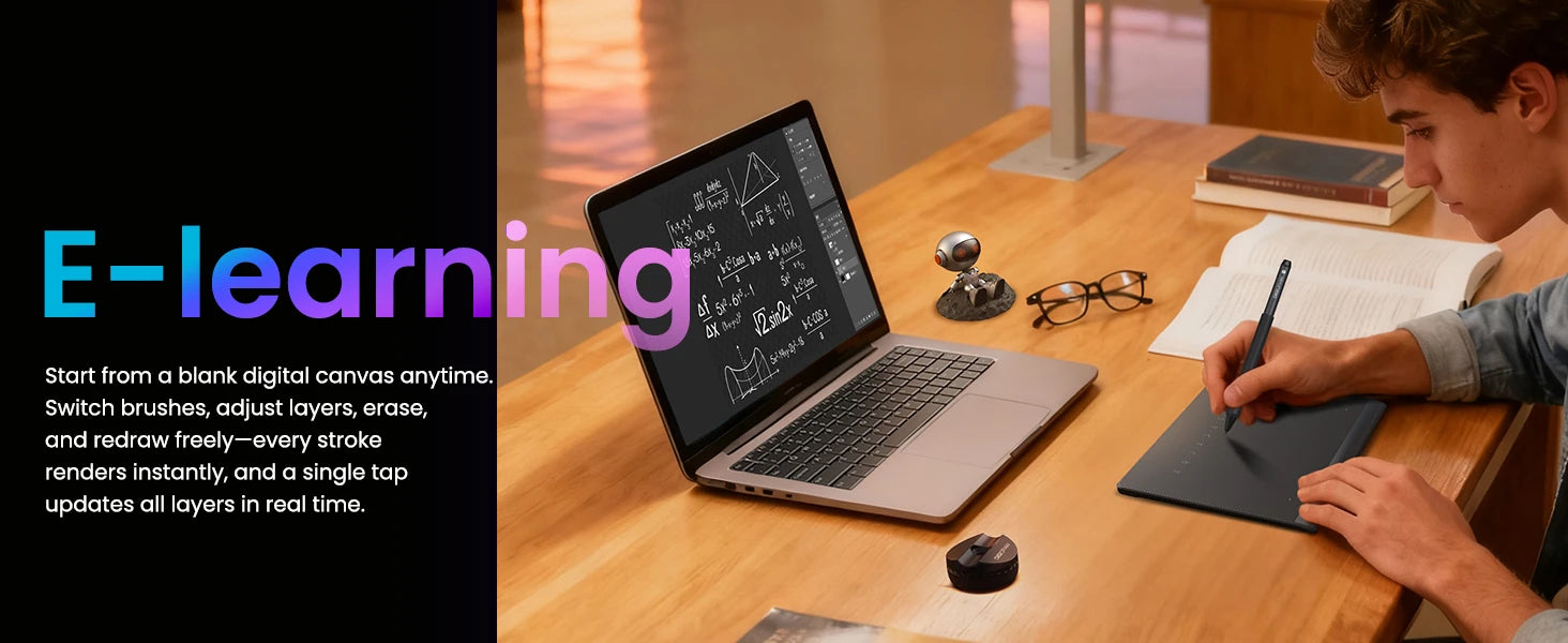 DIGIDRAW Turing Smart S TW410 perfect for e-learning and digital tutoring, allowing students to draw math formulas, write notes, and annotate in real-time on laptops