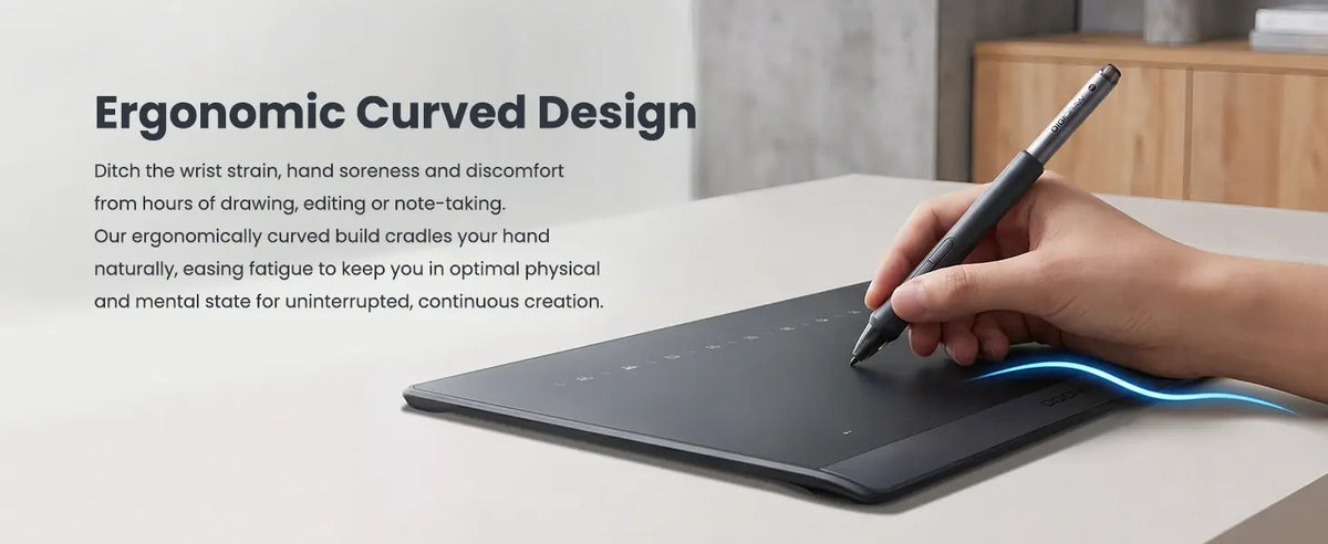 DIGIDRAW Turing Smart S TW410 ergonomic curved design with contoured edges that cradle your hand naturally, reducing wrist strain and hand soreness for uninterrupted creation.