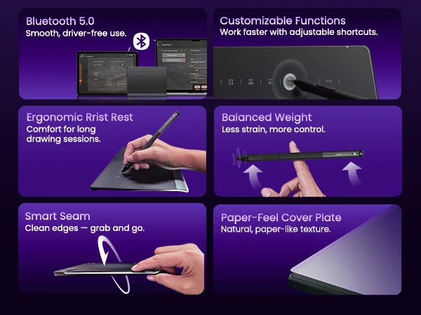 DIGIDRAW Turing Smart S TW410 ergonomic wrist rest, balanced weight, Bluetooth 5.0 connectivity, smart seam, paper-feel cover, and customizable shortcut keys