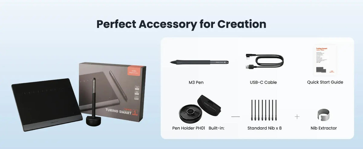DIGIDRAW Turing Smart S TW410 box contents include the pen tablet, M3 pen, USB-C cable, quick start guide, pen holder, 8 standard nibs, and nib extractor.