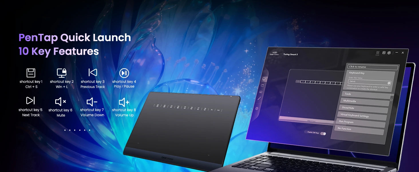 DIGIDRAW Turing Smart S TW410 PenTap quick launch system featuring 10 customizable shortcut keys for multimedia controls and hotkey commands