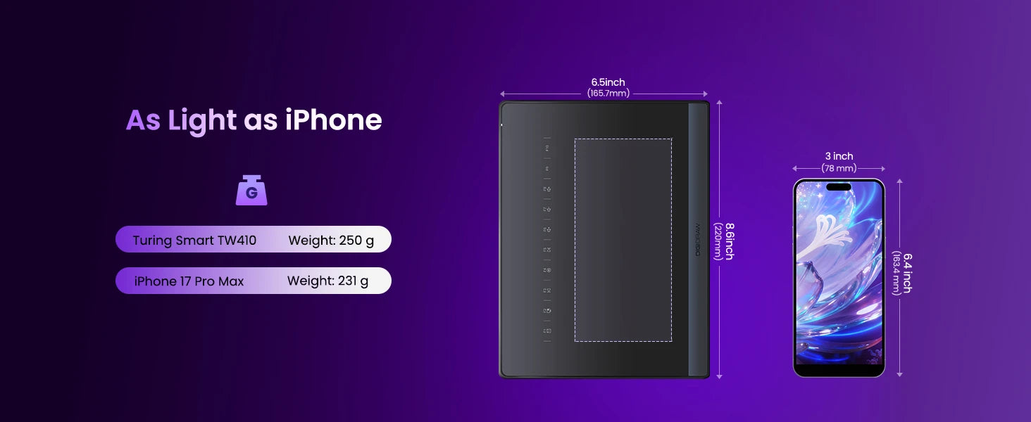 DIGIDRAW Turing Smart S TW410 ultra-light 250g drawing tablet with compact 6.5x8.6-inch dimensions, easily comparable in weight to a flagship smartphone