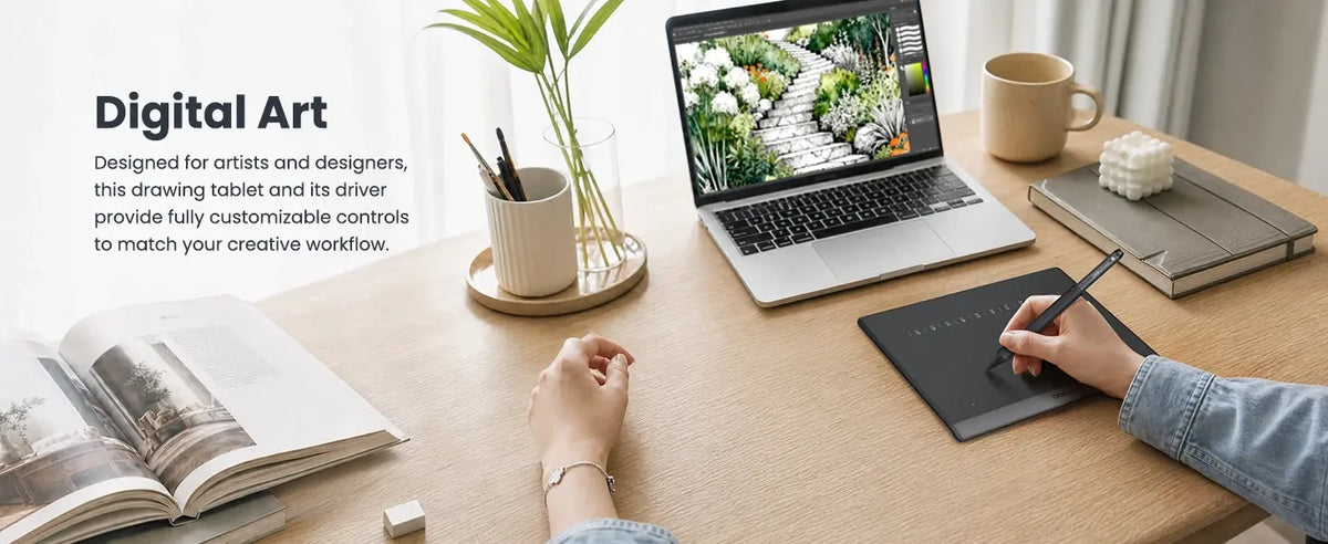 DIGIDRAW Turing Smart S TW410 wireless drawing tablet used for digital art on a laptop, providing customizable controls for artists and designers.