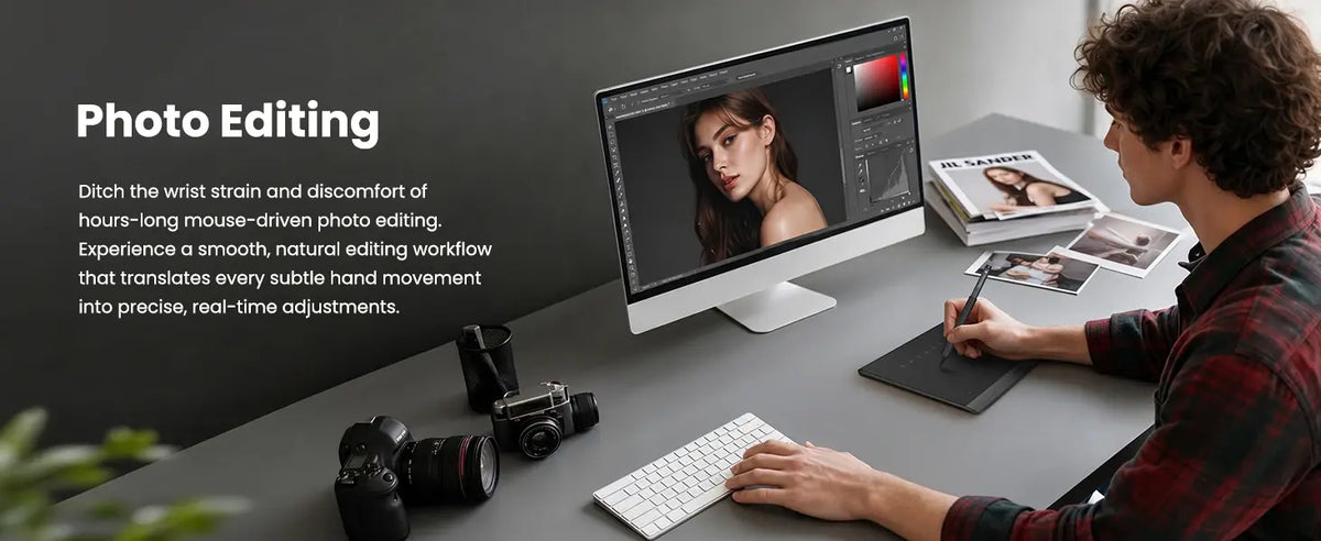 DIGIDRAW Turing Smart S TW410 graphic tablet used for professional photo editing on a desktop, offering smooth and natural control for precise adjustments.