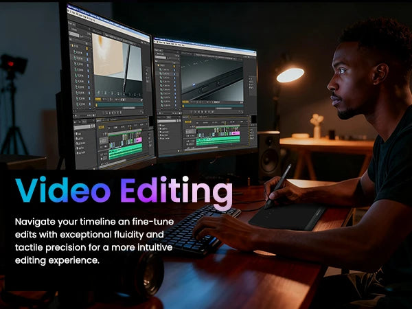 DIGIDRAW Turing Smart S TW410 suitable for video editing tasks, providing tactile precision for navigating timelines and fine-tuning clips on dual monitors