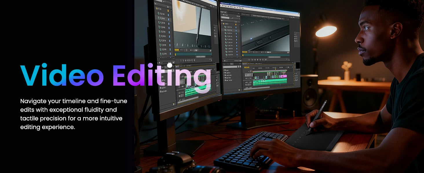 DIGIDRAW Turing Smart S TW410 suitable for video editing tasks, providing tactile precision for navigating timelines and fine-tuning clips on dual monitors
