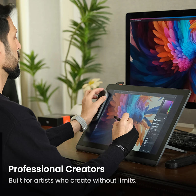 Professional artist using DIGIDRAW pen display for precise digital illustration in a creative studio environment.