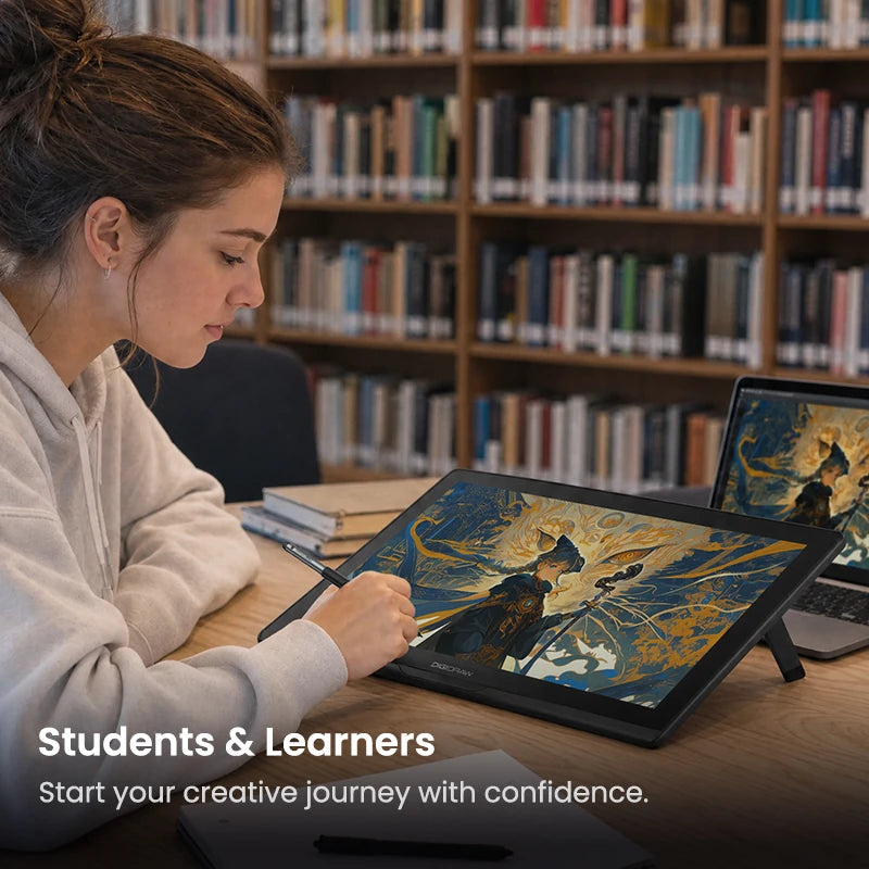 University student learning digital painting with a DIGIDRAW pen display in a quiet library setting.
